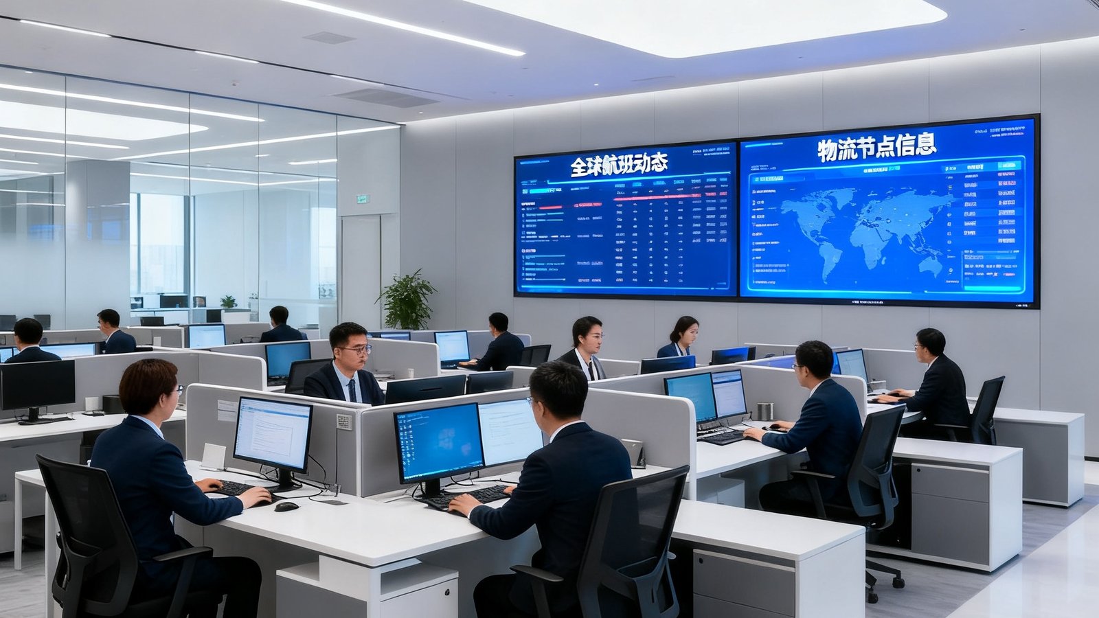 巴比伦贵宾会北京总部开放式办公区，数十位专业顾问在现代化工位上处理全球客户需求，墙面大屏幕实时显示全球航班动态和物流节点信息